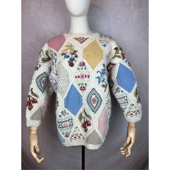 Vintage LAURA ASHLEY Patchwork Chunky Knit Pastel Medium Sweater Cottagecore - Picture 1 of 7